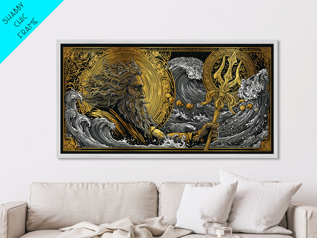 Poseidon Ocean Waves Metallic Gold Art, Greek God Metal Print, Sea Mythology Wall Decor, Real Wood Frame, Nautical Gift