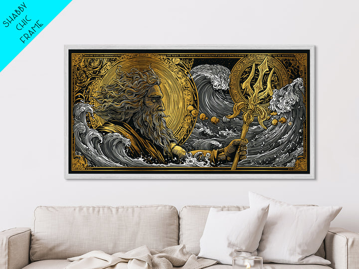 Poseidon Ocean Waves Metallic Gold Art, Greek God Metal Print, Sea Mythology Wall Decor, Real Wood Frame, Nautical Gift