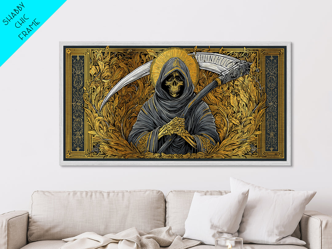 Thanatos Metallic Gold Metal Print, Real Wood Framed Greek Myth Wall Art, Grim Reaper Death Figure Decorative Metal Artwork