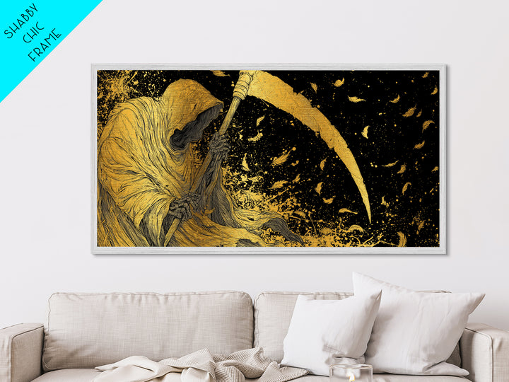 Thanatos Metallic Gold Metal Print, Real Wood Framed Greek Myth Wall Decor, Death Scythe Dark Art Luxury Metal Wall Artwork