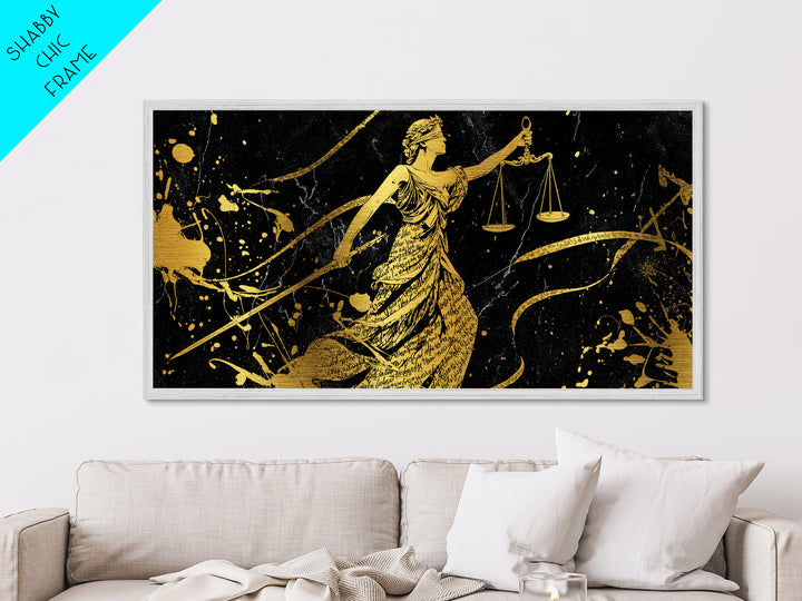 Themis Metallic Gold Metal Print, Real Wood Framed Greek Justice Wall Art, Scales Of Justice Mythology Inspired Metal Artwork