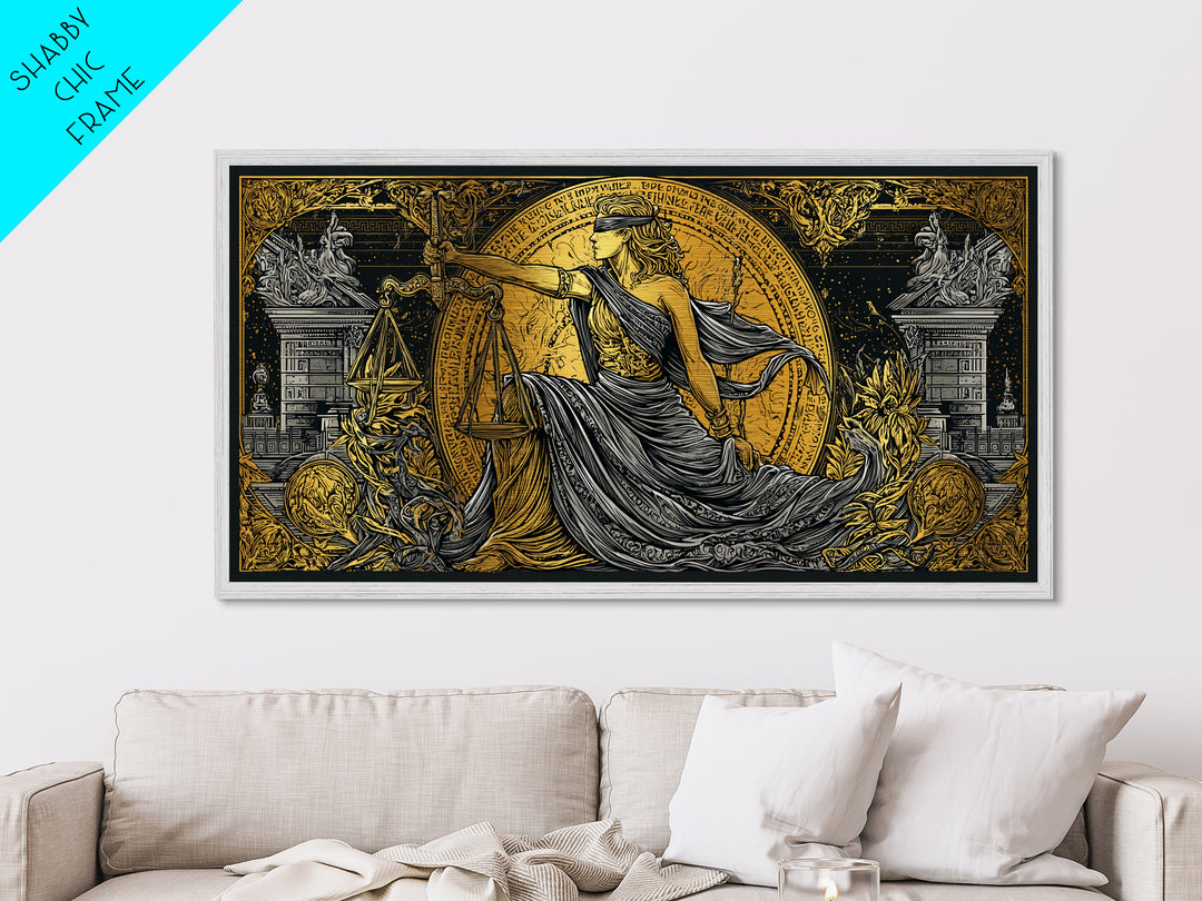 Themis Metallic Gold Metal Print, Real Wood Framed Greek Justice Wall Decor, Blindfolded Lady With Scales Metal Wall Artwork