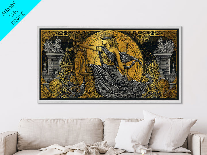 Themis Metallic Gold Metal Print, Real Wood Framed Greek Justice Wall Decor, Blindfolded Lady With Scales Metal Wall Artwork