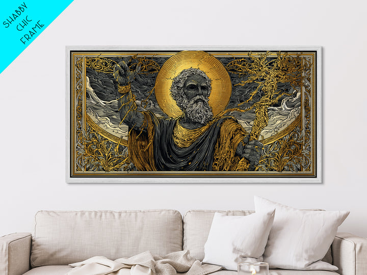 Zeus Metallic Gold Metal Print, Real Wood Framed Greek God Of Thunder Wall Art, Lightning Bolt Mythology Decorative Metal Artwork