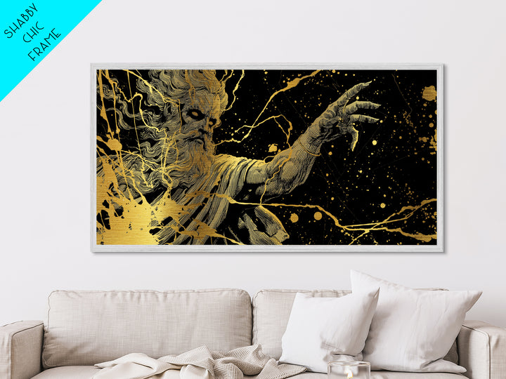 Zeus Metallic Gold Metal Print, Real Wood Framed Greek Myth Wall Art, Lightning And Storm Luxury Decorative Metal Artwork