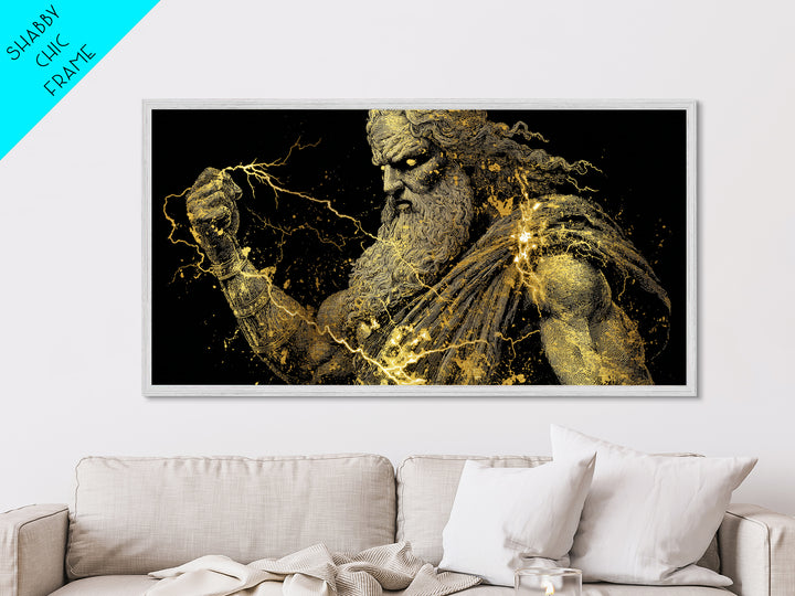Zeus Metallic Gold Metal Print, Real Wood Framed Greek Mythology Wall Art, Crowned Figure With Flowing Hair Decorative Artwork