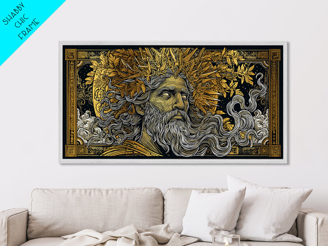 Zeus Metallic Gold Metal Print, Real Wood Framed Greek Mythology Wall Decor, Bearded Figure With Lightning Bolt Metal Artwork