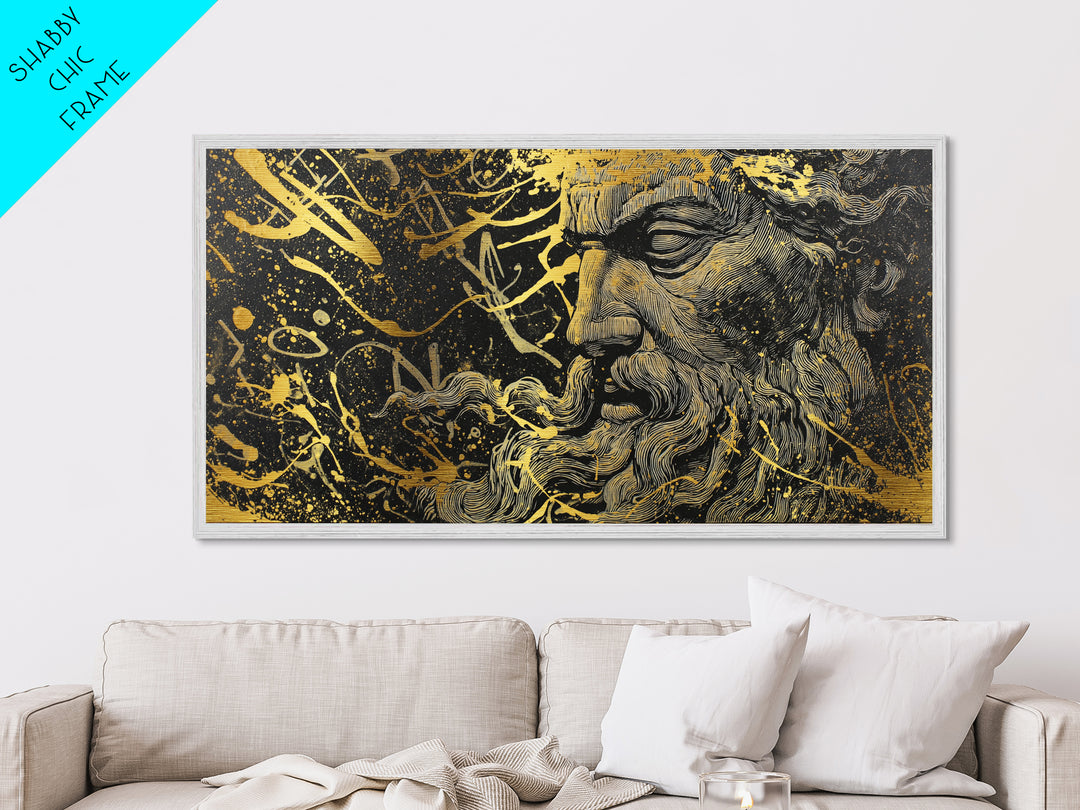 Zeus Metallic Gold Metal Print, Real Wood Framed Greek God Wall Art, Mythological Bearded Portrait Luxury Decorative Artwork