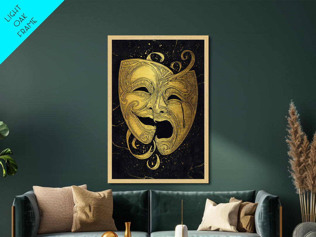 Comedy and Tragedy Theater Masks Metallic Gold Metal Print – Dramatic Wall Art with Real Wood Frame for Home or Studio