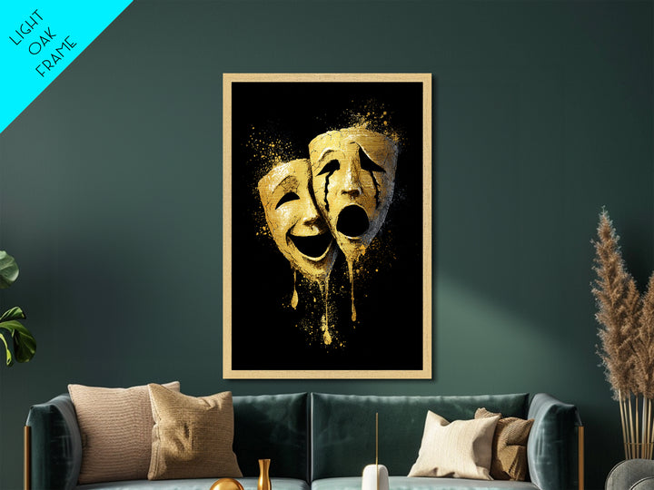 Melting Comedy and Tragedy Masks Metallic Gold Metal Print – Emotional Theater Wall Art with Real Wood Frame
