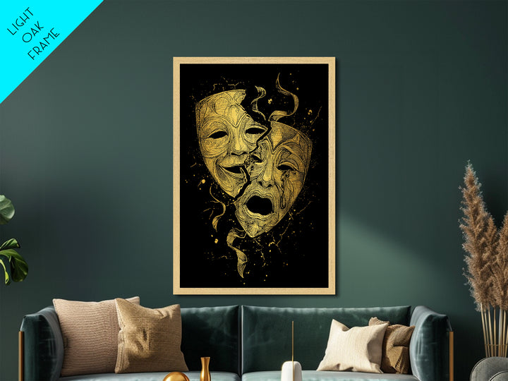 Broken Comedy and Tragedy Masks Metallic Gold Metal Print – Dramatic Greek Theater Wall Art with Real Wood Frame