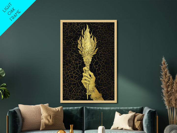 Olympic Flame Hand Holding Torch Metallic Gold Metal Print – Classical Greek Inspired Wall Art with Real Wood Frame