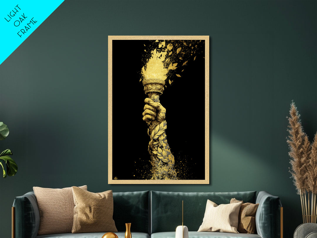 Flaming Laurel Torch Metallic Gold Metal Print – Ancient Greek Victory Symbol Wall Art with Real Wood Frame