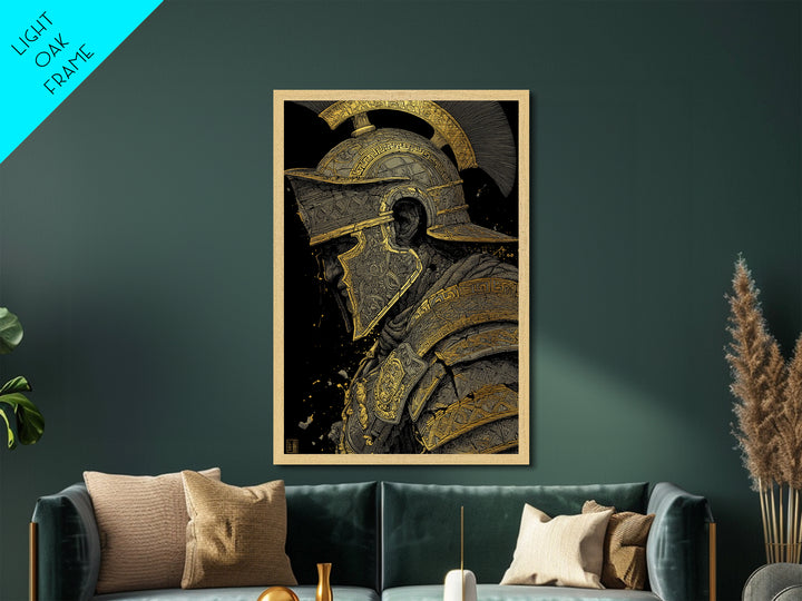 Profile Spartan Warrior Helmet Metallic Gold Metal Print – Ancient Greek Hoplite Wall Art with Real Wood Frame