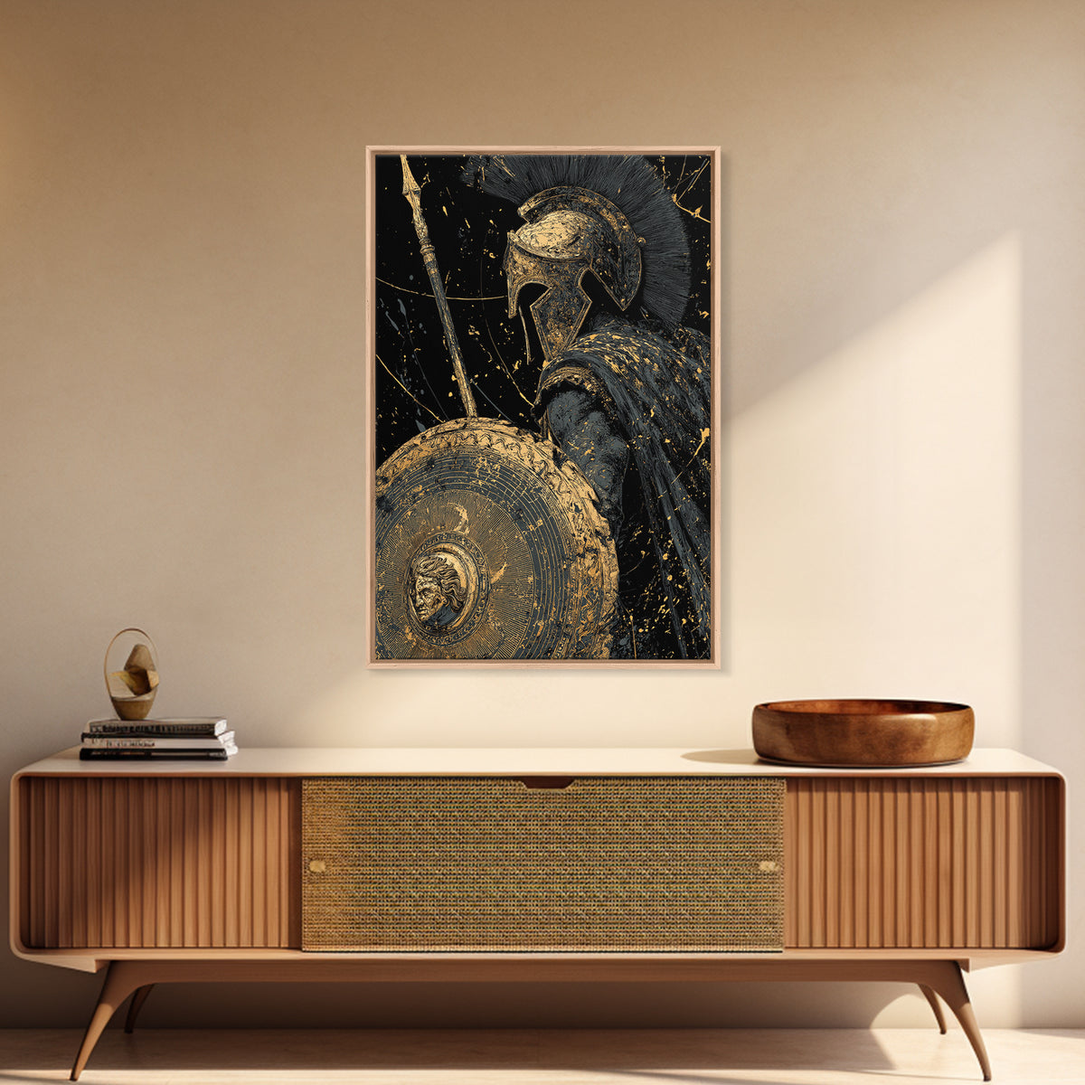 Greek Hoplite Warrior Canvas Gold Art – Spartan Spear and Shield Design, Real Wood Frame Classical Battle Scene Wall Décor