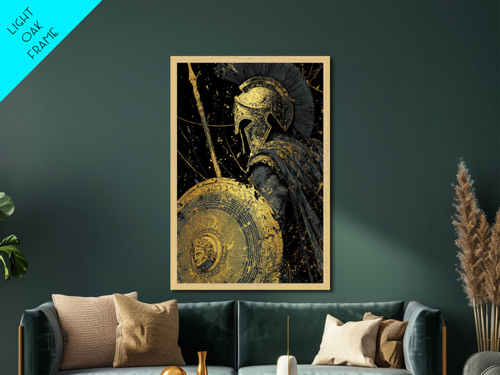 Greek Hoplite Warrior Metallic Gold Art – Spartan Spear and Shield Design, Real Wood Frame Classical Battle Scene Wall Décor