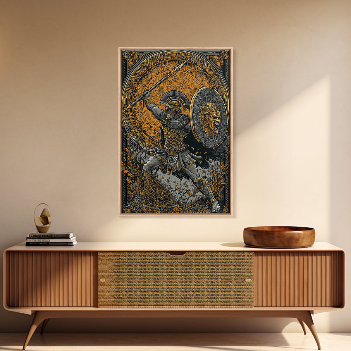 Heroic Spartan Warrior Canvas Gold Canvas Print – Lion Shield and Spear Combat Scene, Real Wood Frame Greek Mythology Art