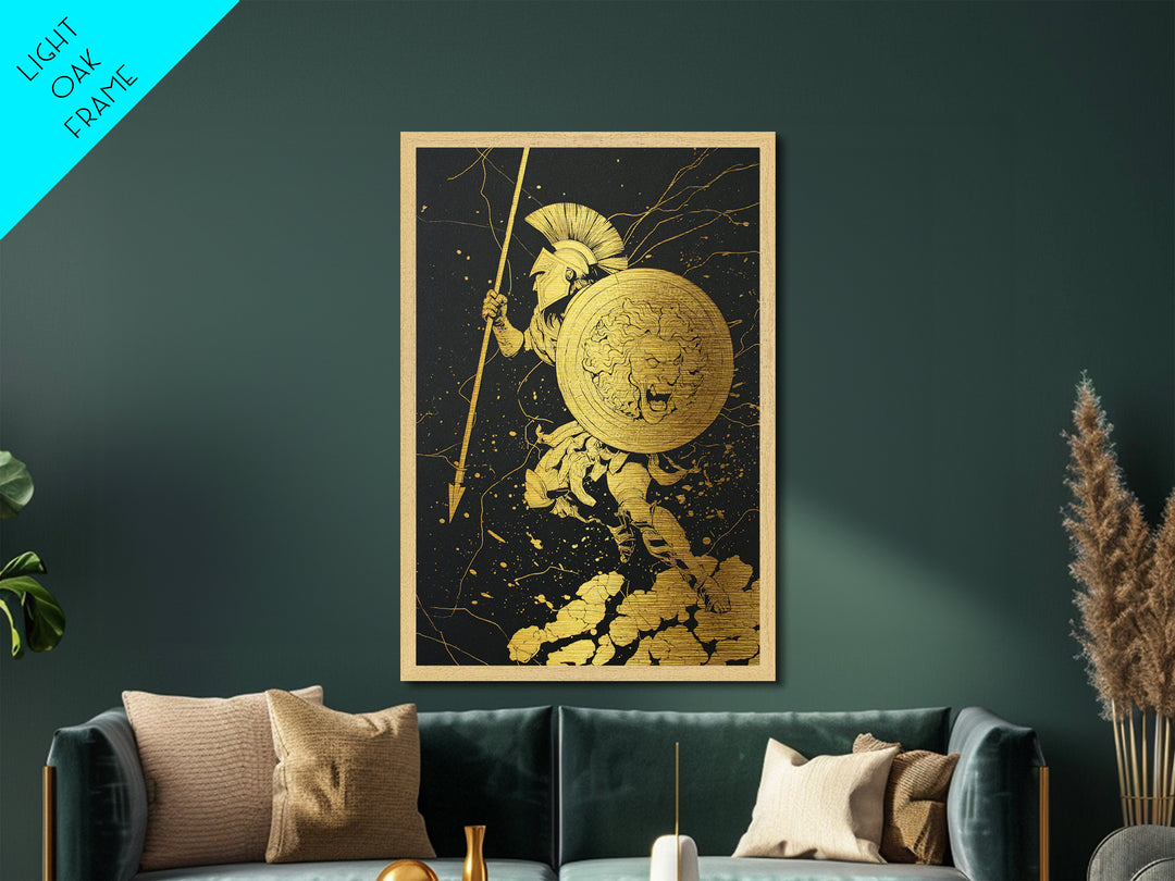 Charging Hoplite Warrior Metallic Gold Art – Greek Spear and Lion Shield Battle Pose, Real Wood Frame Ancient Warrior Wall Art