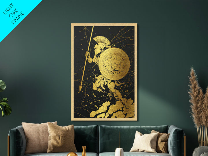 Charging Hoplite Warrior Metallic Gold Art – Greek Spear and Lion Shield Battle Pose, Real Wood Frame Ancient Warrior Wall Art