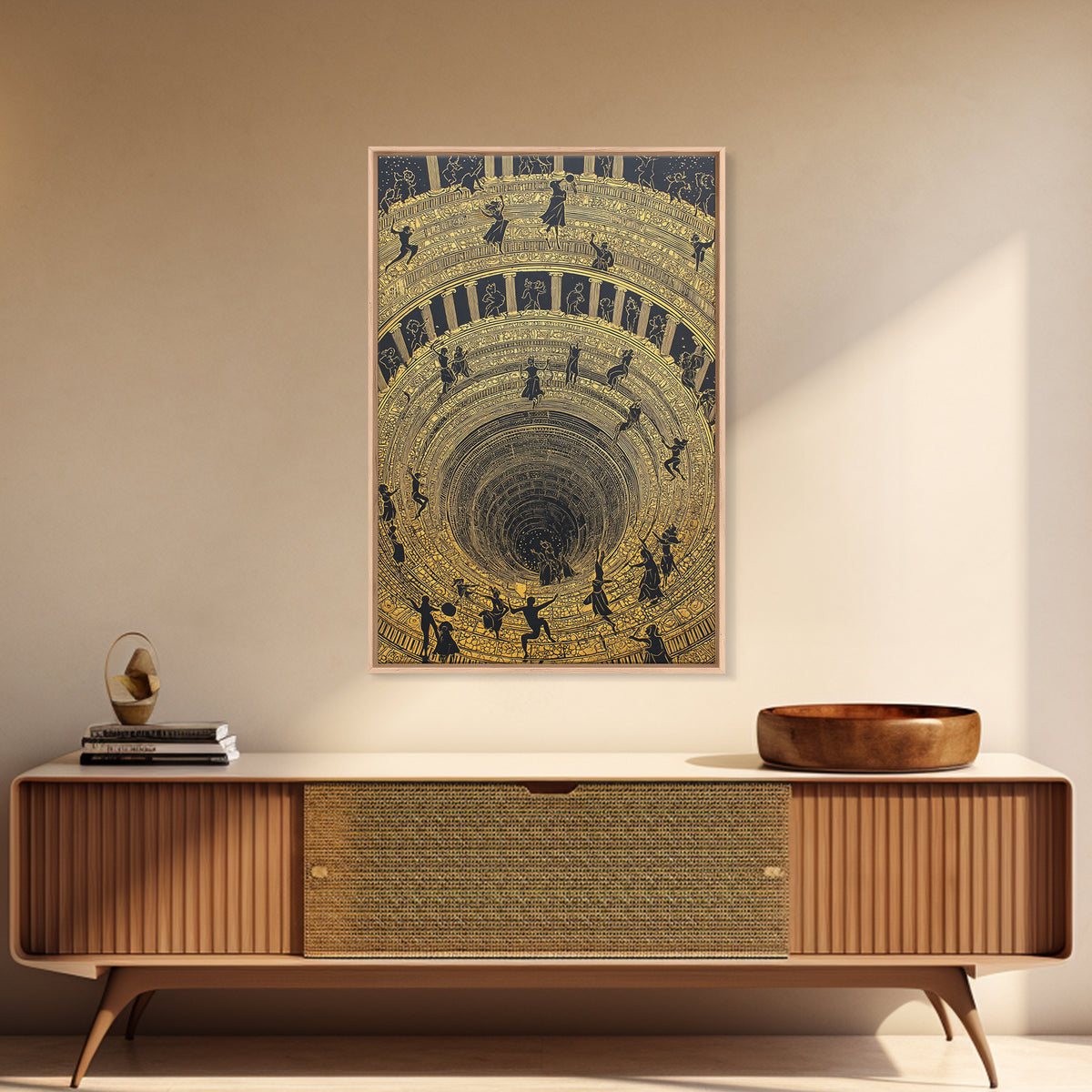 Mythic Underworld Descent Canvas Gold Art – Spiraling Figures in Ancient Pit Design, Real Wood Frame Fantasy Wall Décor
