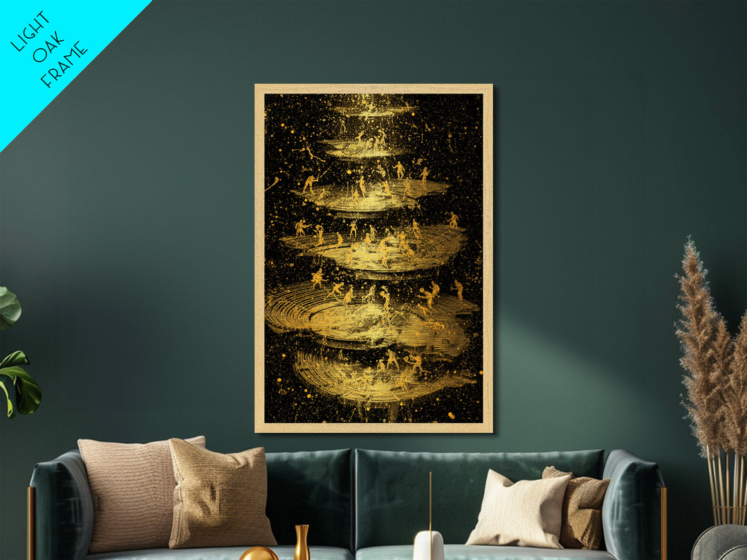 Celestial Battle Layers Metallic Gold Metal Print – Mythological Figures Across Cosmic Rings, Real Wood Frame Fantasy Art