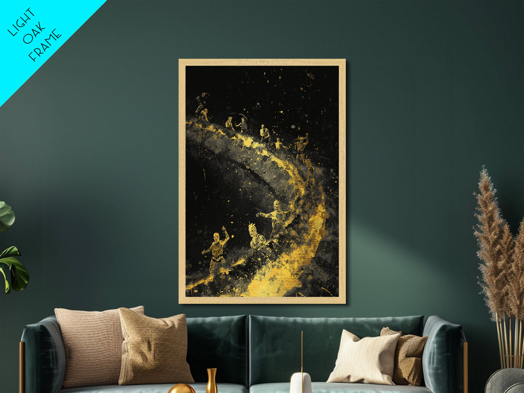Warriors on Golden Path Metallic Gold Art – Surreal Spiral Battle Scene, Real Wood Frame Mythology Inspired Wall Décor