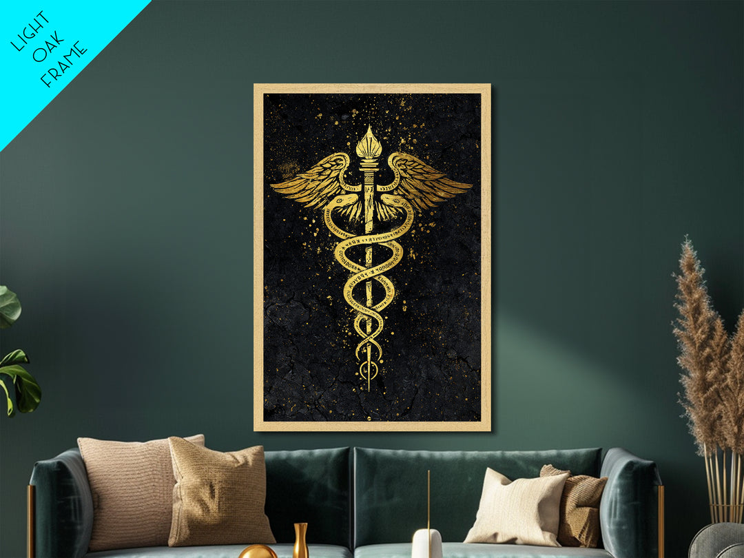 Caduceus Symbol Wall Art, Serpent And Wings Medical Symbol Artwork, Metallic Gold Metal Print, Real Wood Frame Decor