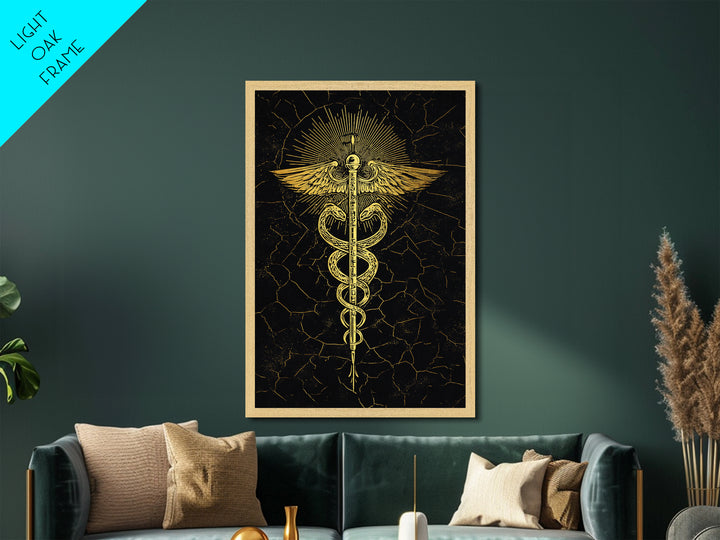 Radiant Caduceus Symbol Wall Art, Serpent And Winged Staff Artwork, Metallic Gold Metal Print, Real Wood Frame Decor