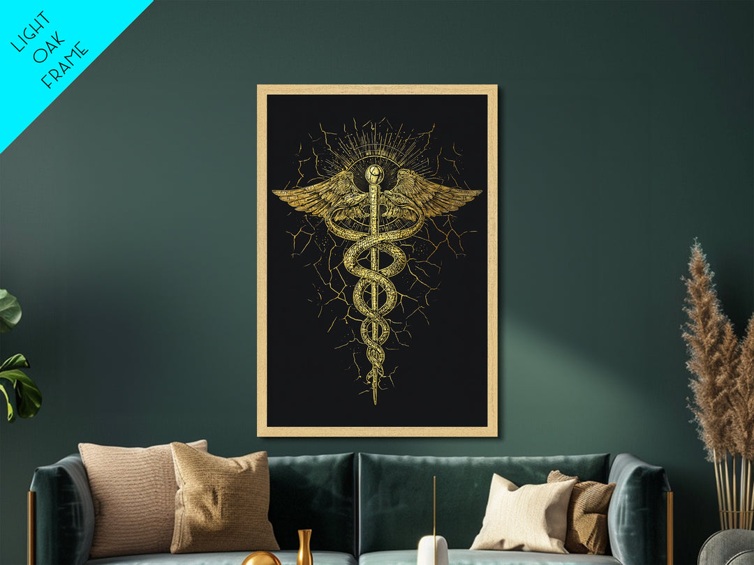Caduceus Medical Symbol Wall Art, Serpent And Wings Ancient Staff Artwork, Metallic Gold Metal Print, Real Wood Frame