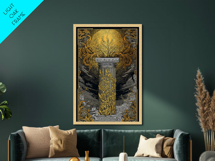 Greek Column Artwork, Mythical Pillar With Golden Flames Wall Art, Metallic Gold Metal Print, Real Wood Frame Decor