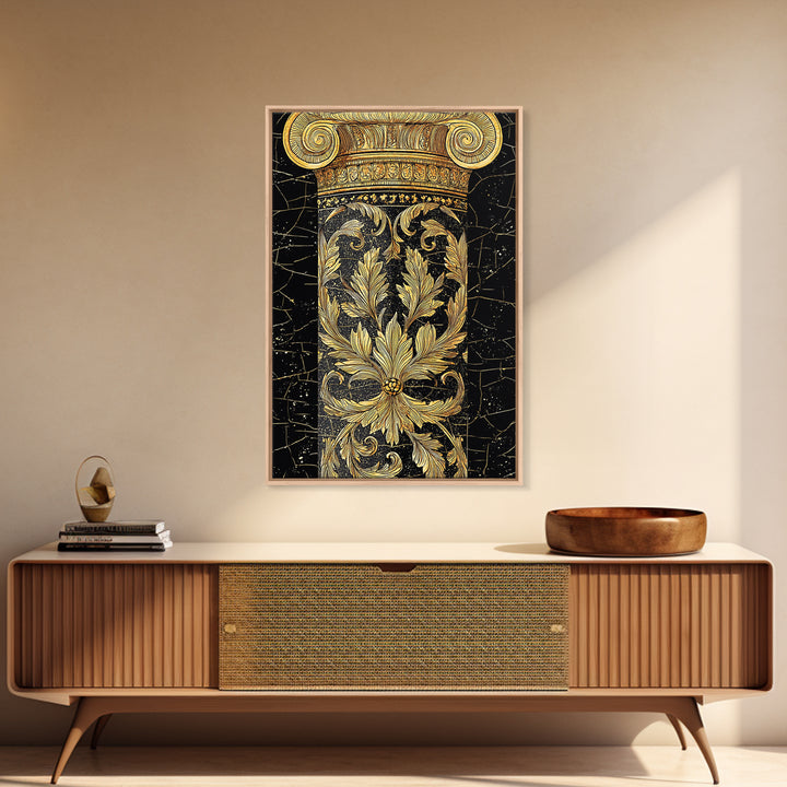 Greek Column Detail Artwork, Ornate Corinthian Pillar Wall Art, Canvas Gold Canvas Print, Real Wood Frame Classic Decor