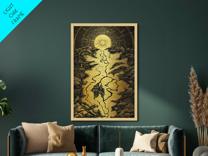 Celestial Map Artwork, Mythical Golden Sun And River Wall Art, Metallic Gold Metal Print, Real Wood Frame, Ancient Inspired Decor