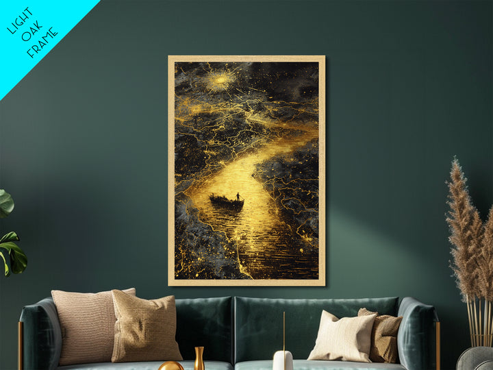 Mythical Boat Journey Artwork, Celestial Golden Map Wall Art, Metallic Gold Metal Print, Real Wood Frame, Mystical Decor