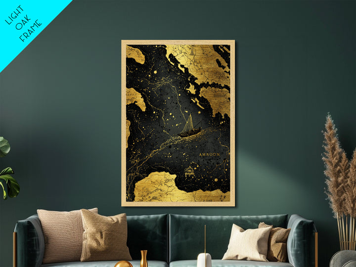 Golden Voyage Map Artwork, Ancient Nautical Journey Wall Art, Metallic Gold Metal Print, Real Wood Frame, Mythical Decor