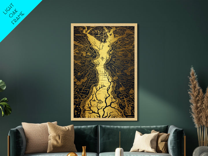 Ancient River Map Artwork, Mythical Golden Waterways Wall Art, Metallic Gold Metal Print, Real Wood Frame, Esoteric Decor