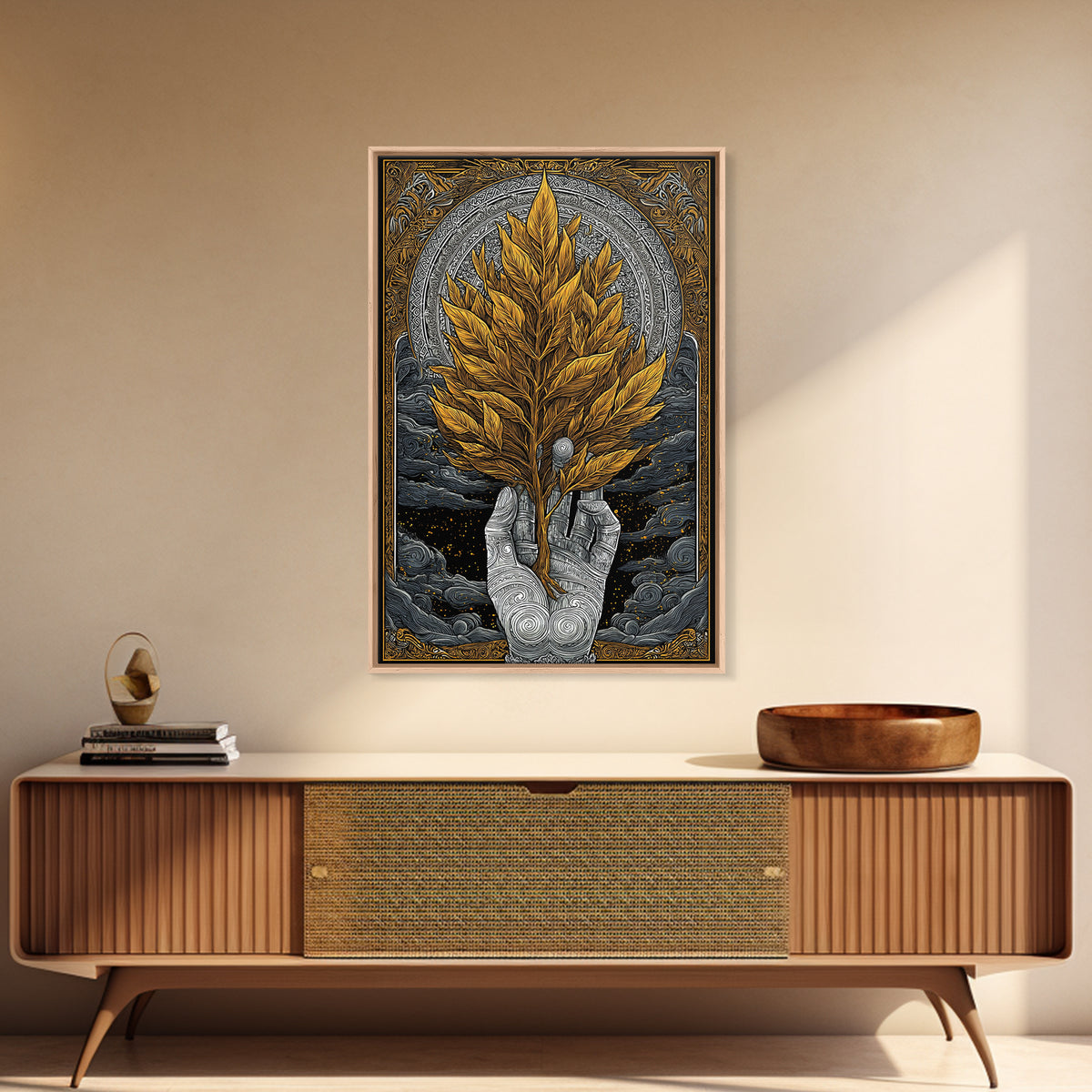 Hand With Golden Leaves Artwork, Mythical Nature Symbol Wall Art, Canvas Gold Canvas Print, Real Wood Frame, Sacred Decor