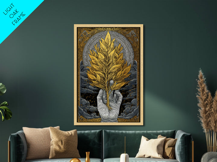 Hand With Golden Leaves Artwork, Mythical Nature Symbol Wall Art, Metallic Gold Metal Print, Real Wood Frame, Sacred Decor