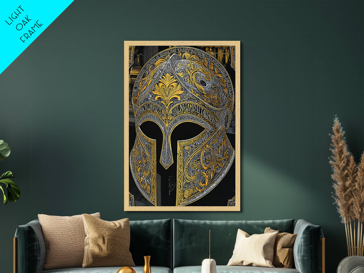 Baroque Spartan Helmet with Heraldic Crest – Metallic Gold Art, Real Wood Framed Metal Art, Luxury Greco-Roman Wall Sculpture