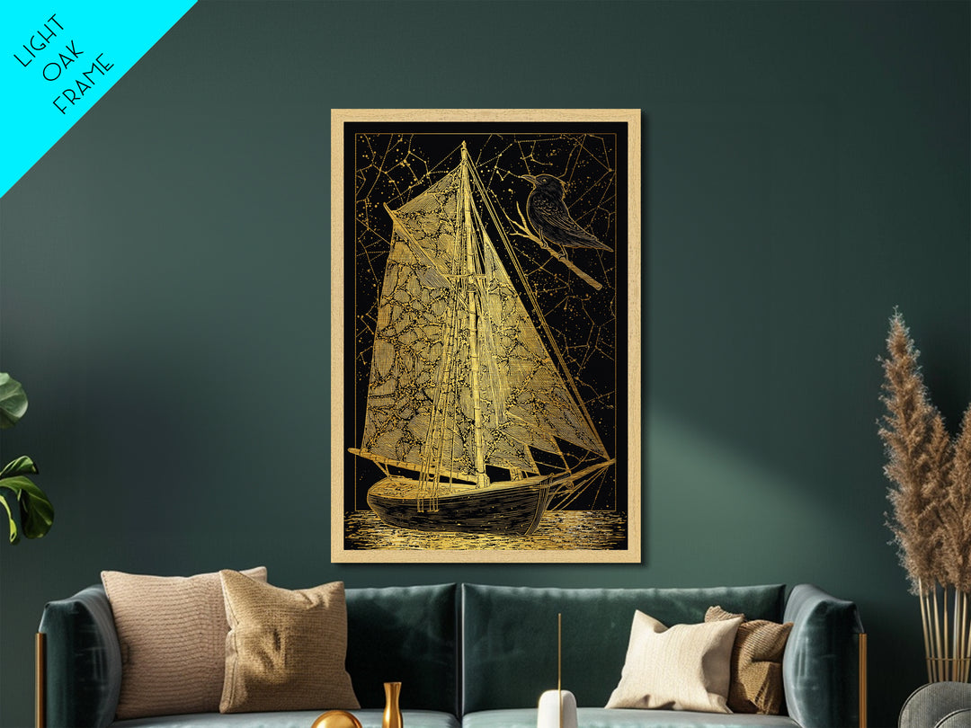 Golden Sailboat Artwork, Mythical Nautical Journey Wall Art, Metallic Gold Metal Print, Real Wood Frame, Celestial Decor