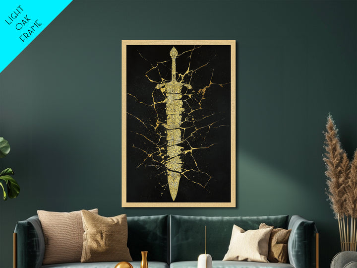 Broken Sword Artwork, Cracked Ancient Blade Symbol Wall Art, Mythical Weapon Decor, Esoteric Design, Metallic Gold Metal Print, Real Wood Frame