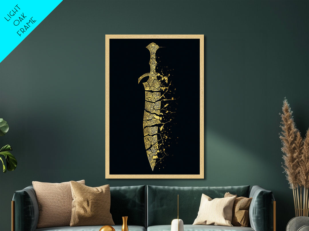 Ancient Broken Sword Artwork, Esoteric Cracked Blade Symbol Wall Art, Mythical Weapon Decor, Metallic Gold Metal Print, Real Wood Frame