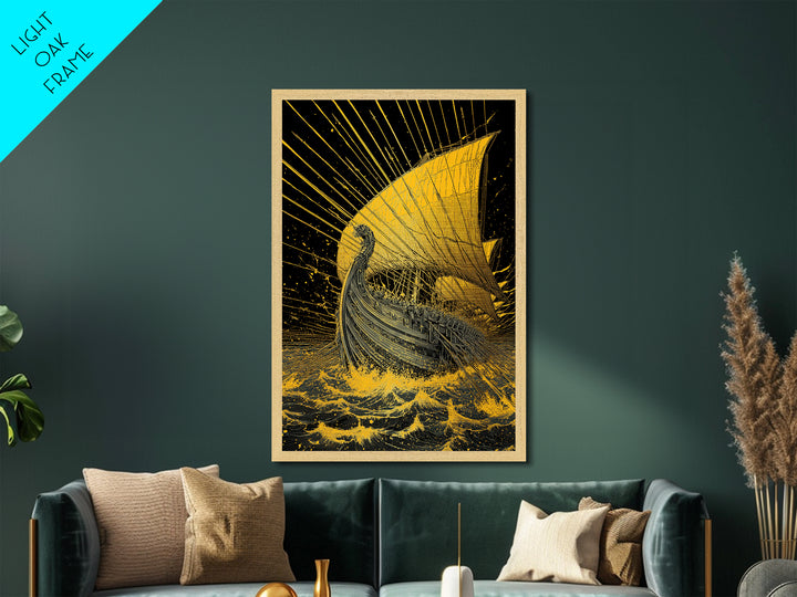 Metallic Gold Metal Print, Ancient Greek Ship Wall Art, Mythology Ocean Decor, Real Wood Frame, Historic Maritime Artwork