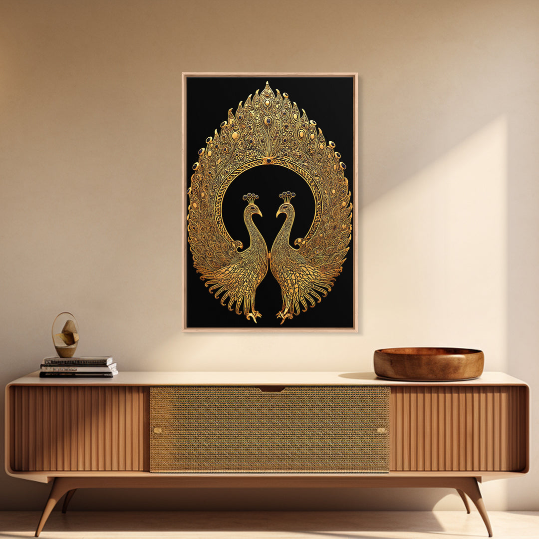 Canvas Gold Canvas Print, Ornate Peacock Wall Art, Mythology Inspired Decor, Real Wood Frame, Decorative Royal Artwork