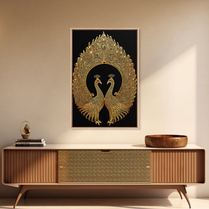 Canvas Gold Canvas Print, Ornate Peacock Wall Art, Mythology Inspired Decor, Real Wood Frame, Decorative Royal Artwork