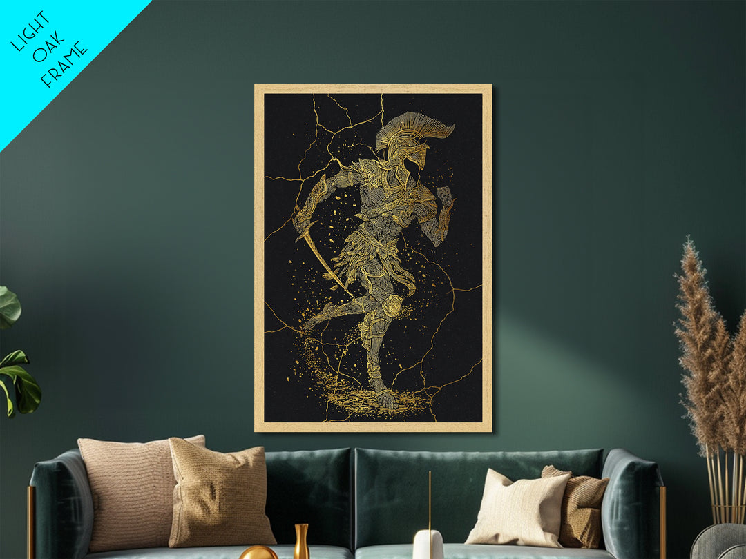 Metallic Gold Metal Print, Spartan Runner Wall Art, Mythology Warrior Decor, Real Wood Frame, Ancient Greek Hero Artwork