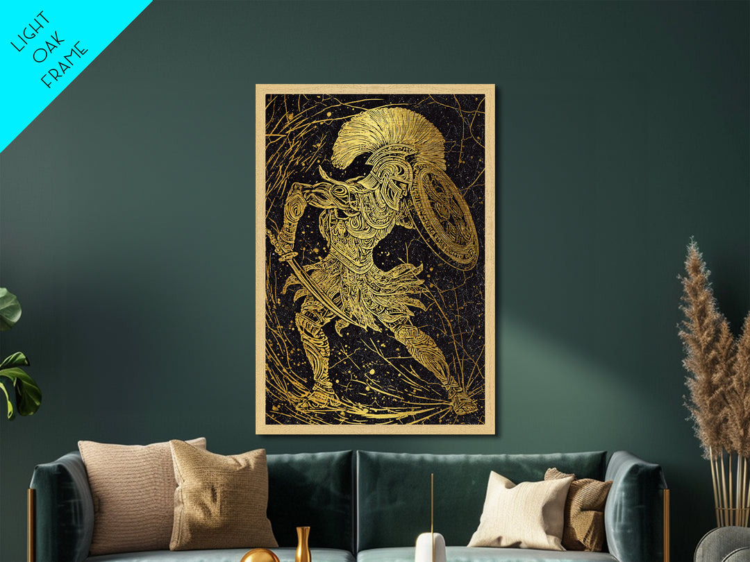 Metallic Gold Art, Ancient Greek Warrior With Shield, Mythology Inspired Wall Decor, Real Wood Frame, Heroic Battle Artwork