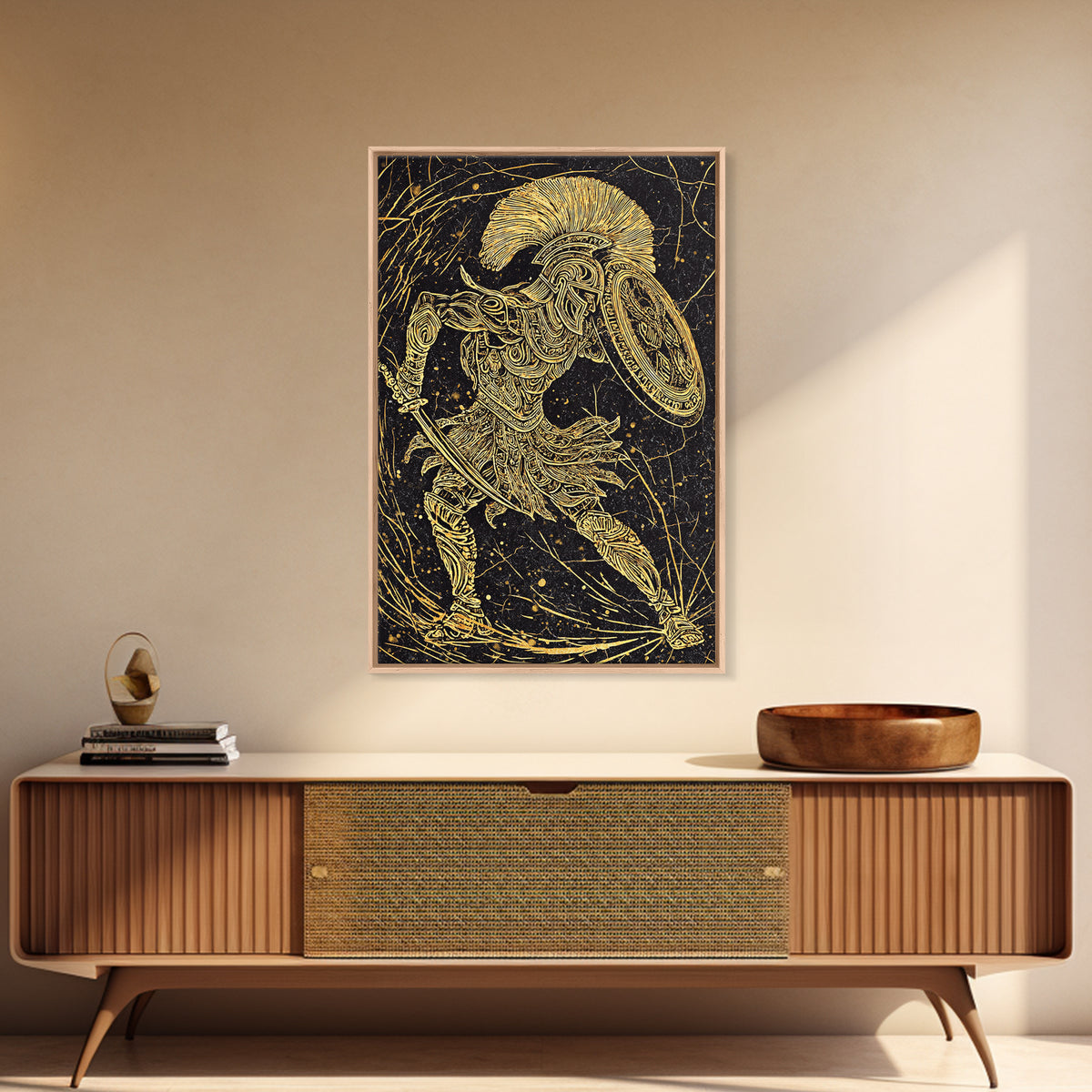 Canvas Gold Art, Ancient Greek Warrior With Shield, Mythology Inspired Wall Decor, Real Wood Frame, Heroic Battle Artwork