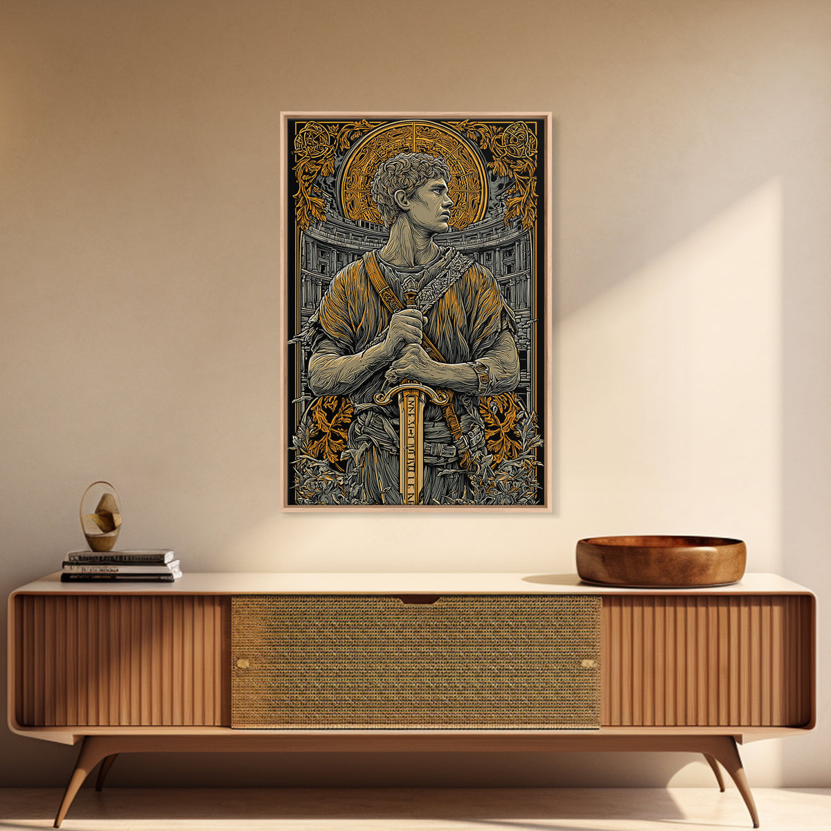 Canvas Gold Art, Roman Warrior Wall Print, Mythology Inspired Decor, Real Wood Frame, Ancient Empire Hero Artwork