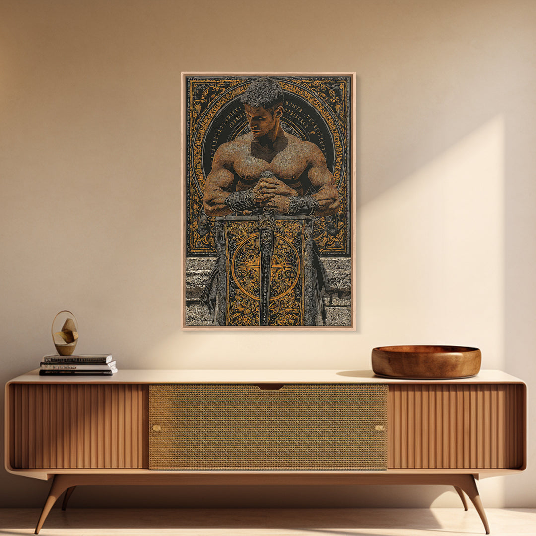Roman Warrior With Ornate Shield, Canvas Gold Canvas Print, Mythology Wall Art, Gladiator Decor, Real Wood Framed Artwork