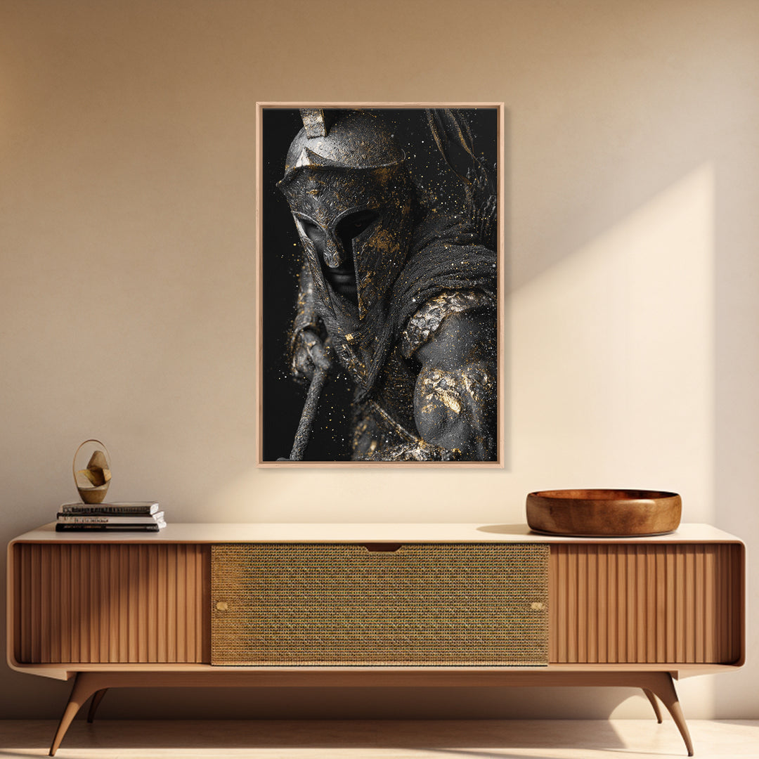 Spartan Warrior Helmet Portrait, Canvas Gold Canvas Print, Greek Soldier Wall Art, Heroic Decor, Real Wood Frame Artwork